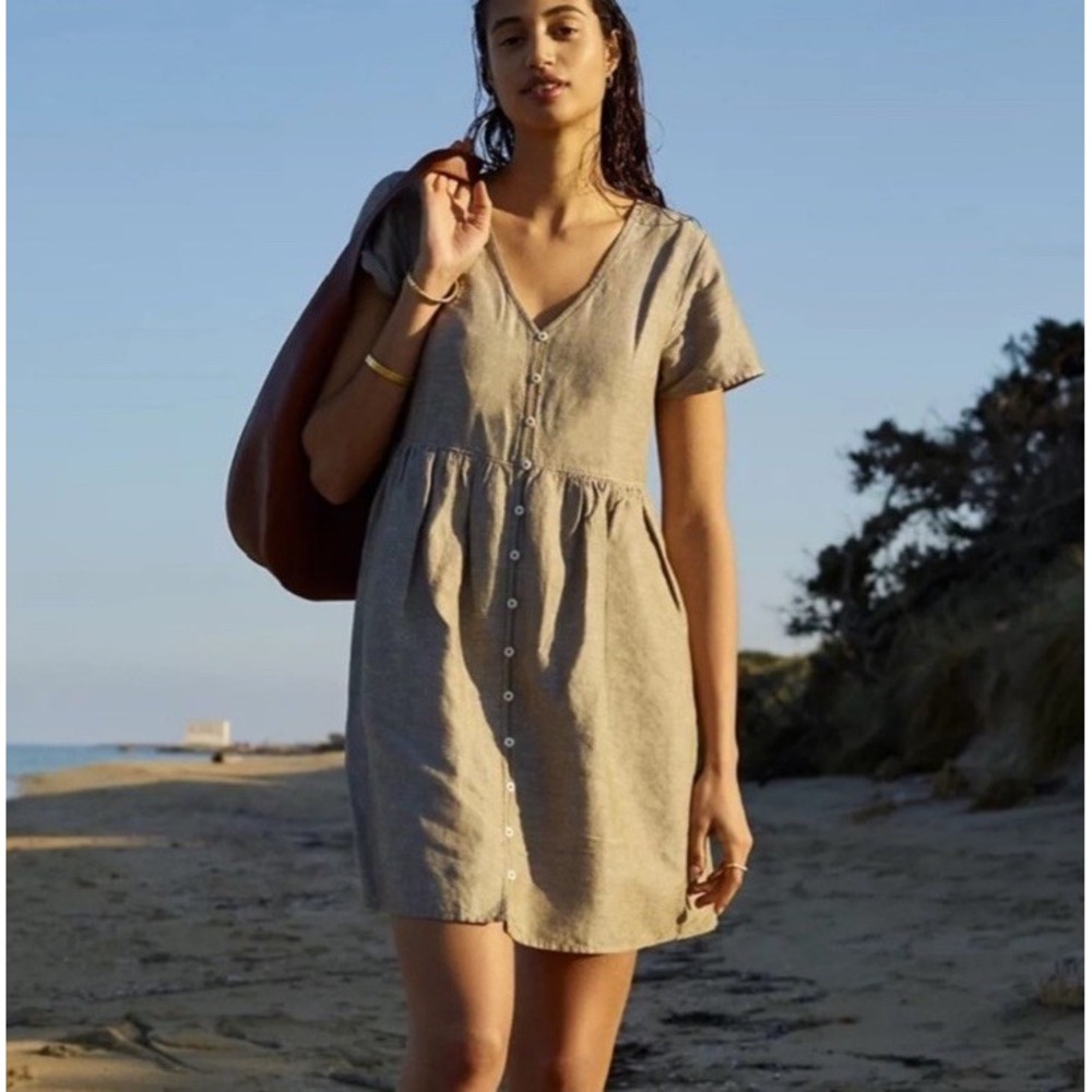 Madewell Alexandra Linen Blend Dress 1X Olive Green Button Front Mini Babydoll